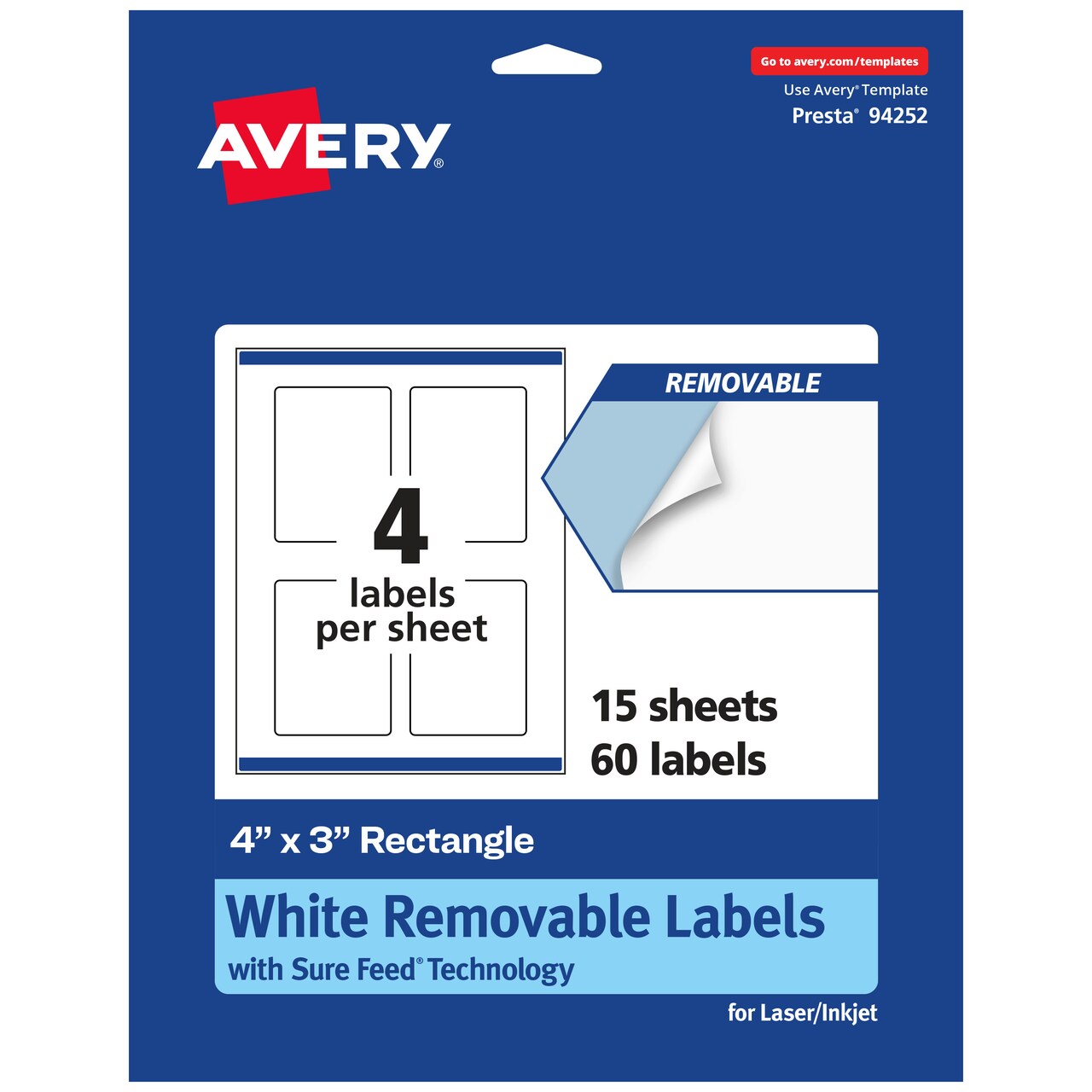 Avery Matte White Removable Rectangle Labels with Sure Feed Technology, Print-to-the-Edge, 4" x 3"